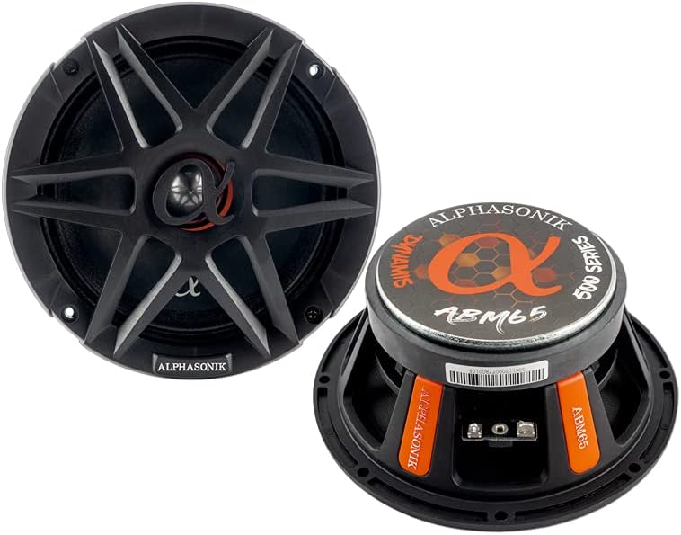 Alphasonik 1 Pair of ABM65 DYNAMIS Series 6.5" 600 Watts Max 150 Watts RMS Mid-Range Car Audio Speaker 4-Ohm Cloth Surround, Non Pressed Paper Cone, Ferrite Magnet, and Grille Included