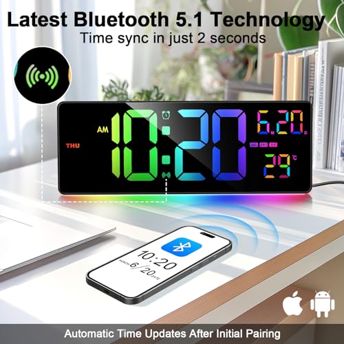 16" Bluetooth Large Digital Wall Clock/Auto Time Sync, 10 RGB Colors Digital Clock Large Display with Remote, Auto-Dimming/DST, Calendar, Timer, Alarm, 6 Night Lights Big Clock for Decor - Image 3