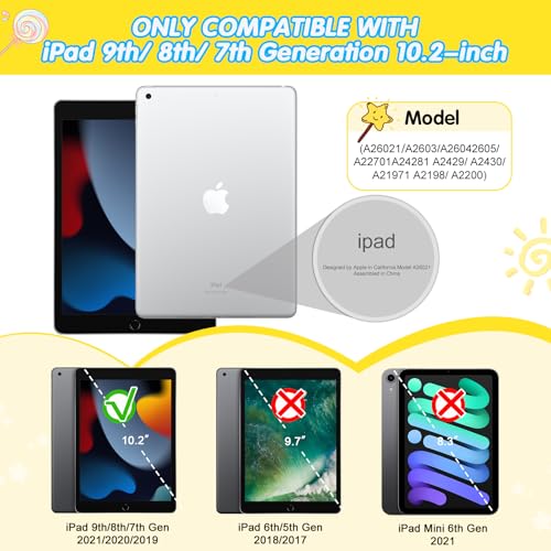 SIBEITU Kids Case for iPad 9th Generation/ 8th Gen/ 7th Gen with Pencil Holder & Stand, Fully-Body Hybrid Shockproof Rugged Drop Protective Cover for iPad 10.2 inch 2021/2020/2019 (Yellow Blue)