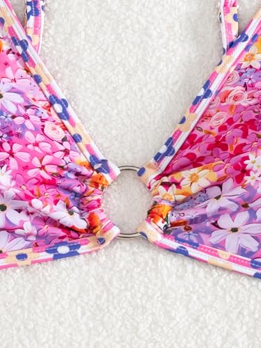 Image of Fanuerg Women's Triangle Bikini Sets O Ring Linked Two Piece Swimsuits Floral Printed Cheeky Bathing Suit