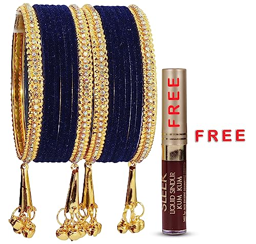 Image of NMII Metal with Zircon Gemstone and Velvet Studded Bells Latkan Bangles Set For Girls and Women I Latkan Bangles, Premium Bangle Bracelet Set I Pack of 16 Bangles