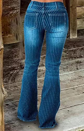 Women's Vintage Striped Ripped Bell Bottom Jeans High Waist Stretchy Hem Raw Flared Denim Pants3
