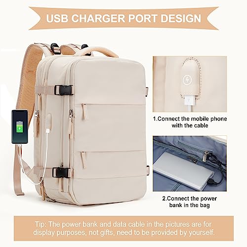 Image of coowoz Large Travel Backpack For Women Men, Carry On Backpack,Hiking Backpack Waterproof Outdoor Sports Rucksack Casual Daypack Expandable Heavy Duty Extra large Backpack Beige Expansion