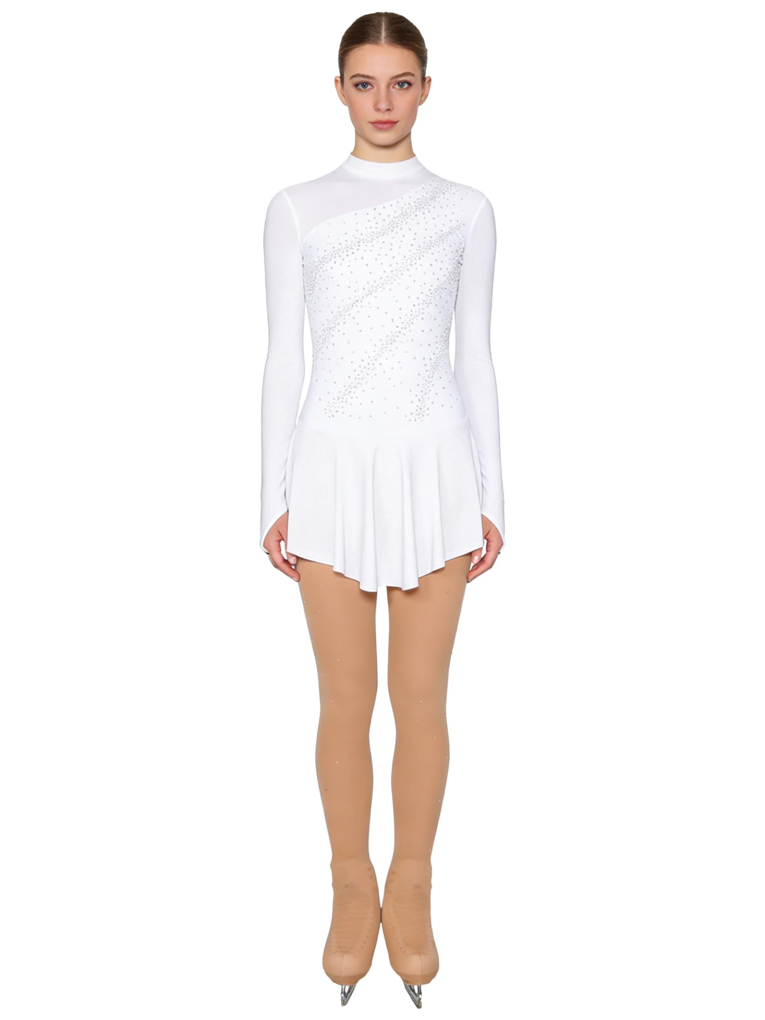 Vestido de baile para mujer, patinaje, manga larga, pedrería, con medias de patinaje artístico, conjunto, entrenamiento competitivo