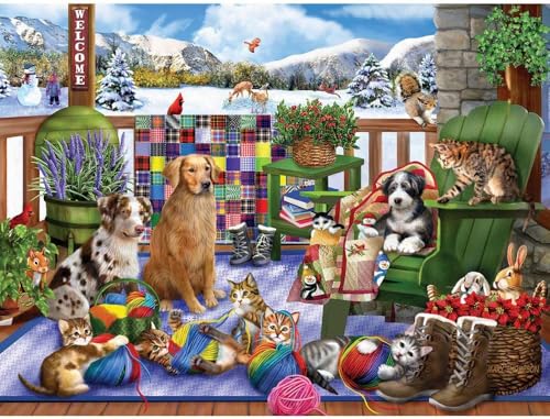 Bits and Pieces – Rompecabezas de 500 Piezas para Adultos – Porch Pets Fun - Invierno Perro Gato Hilo Rompecabezas por Artista Mary Thompson, Tamaño Final: 18" x 24" miniatura 2