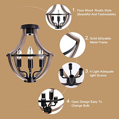 Bpmart Farmhouse Flush Mount Ceiling Light Fixture Chandelier For Dining Room, Rustic Vintage Pendant Hanging Lighting, Mordern Faux Wood Metal Black For Kitchen Island Bedroom Entryway Hallway #TOP4