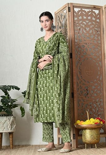Image of Amazon Brand - Tavasya Women Cotton Anarkali Kurta Pant Dupatta Set | Printed Ethnic Suit Set | Flared Anarkali Kurta with Pant & Dupatta | Festive & Casual Wear