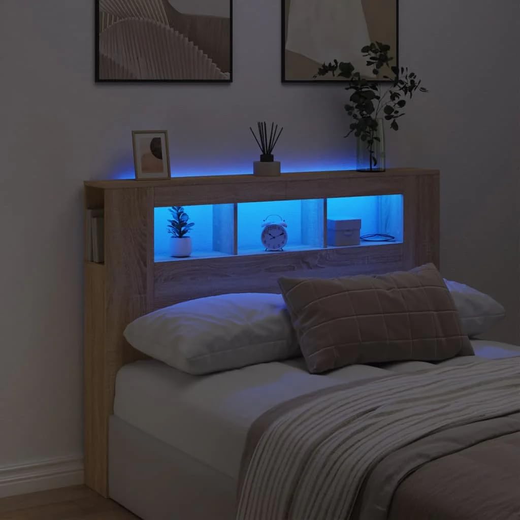 vidaXL Tête de Lit à LED, Tête de Cadre de Lit, Accessoire de Lit Double, Meuble de Chambre à Coucher Maison Intérieur, Chêne Sonoma 140x18,5x103,5cm Bois Ingénierie