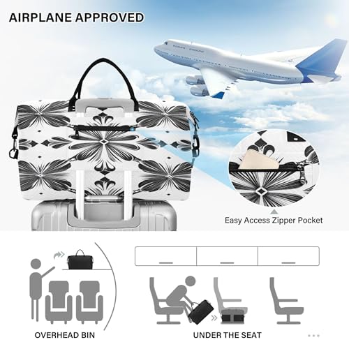Black and White Symmetrical Floral Travel Duffel Bag for Women Weekend Overnight Dag with Toiletry Bag, Luggage Bag for Travel, Sport, Gym 5