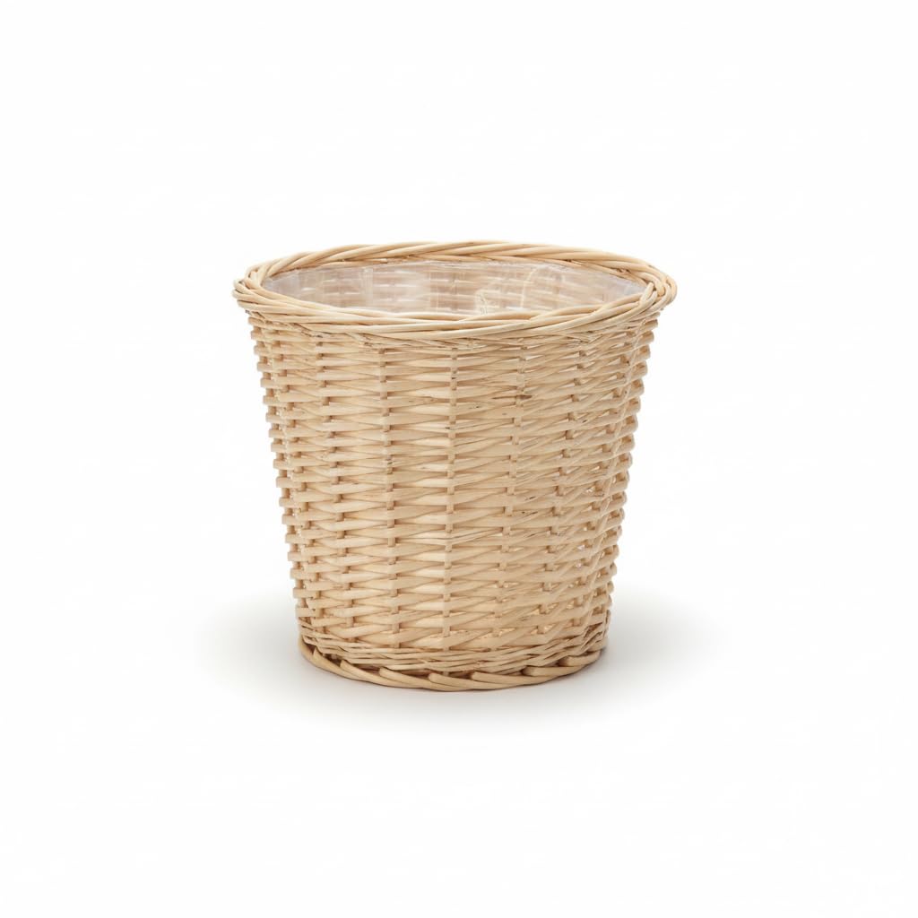 Household Essentials Willow Wicker Waste Basket, Medium, Handwoven with Built-in Plastic Liner, Durable and Attractive Weave, Tapered Design, Compact, Easy to Clean, Natural