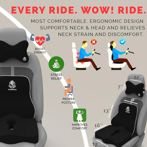 Image of MRRON Memory Foam Car Seat Cushion Combo - Backrest, Coccyx Cushion & Neckrest - Orthopedic Support for Back, Sciatica & Neck Pain - Ergonomic Comfort for Car, Office. (Black, Long Back)