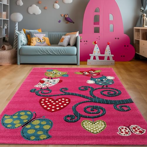 SIMPEX Tapis Enfant Hibou Violet 200x290 cm Tapis XXL Doux hypoallergénique Lavable idéal pour Grande Chambre Enfant et Aire de Jeu