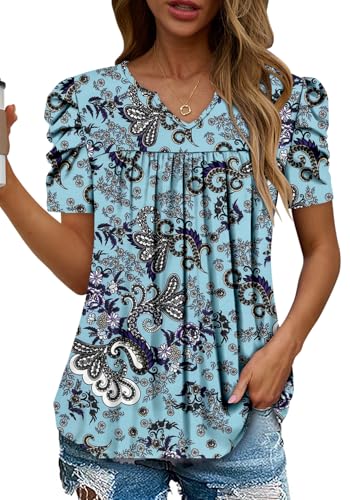 KISSMODA Tops for Womens Summer Cute Short Sleeve Shirts Trendy Notched Neck Blouses Casual Loose Pleated Tunics S-3Xl