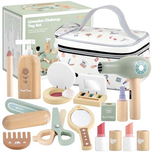 GAGAKU Wooden Makeup Toy Set for Toddlers 3-5 18-Piece Pretend Play Makeup Kit for Little Girls with Storage Bag Realistic Lipstick & Mirror Safe Non-Toxic Dress-Up Gift for Age 3-6