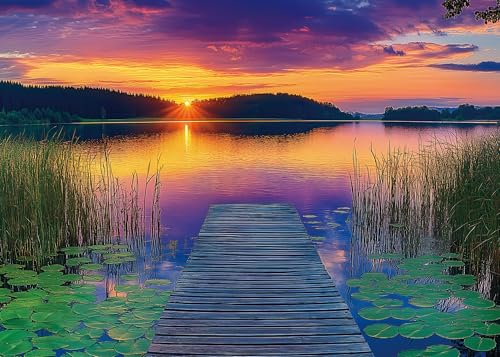 Rompecabezas para adultos de 1000 piezas: Lago al atardecer, paisaje natural con muelle de madera y nenúfares — Moruska miniatura 1