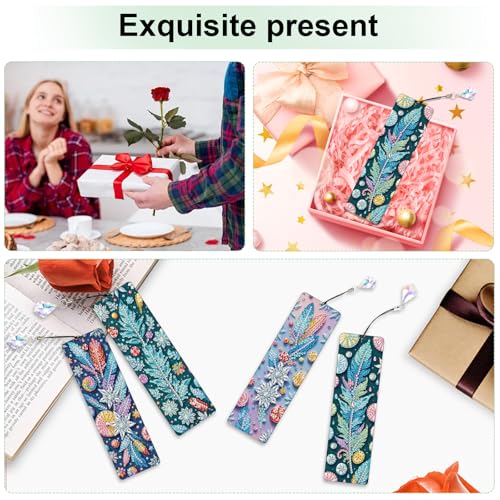 Image of 4 Pcs DIY 5D Diamond Painting Bookmark Kits, Special Shaped Acrylic Crystal Rhinestones Book Marks, Feather Diamond Art Bookmarks Crafts with Crystal Pendant, Handmade Tassel Bookmarks Gift Set
