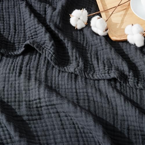 EMME Cotton Muslin Twin XL Blanket Breathable Gauze Blanket Soft Lightweight Blankets Adults Gifts for Women (Black, 66"x90")