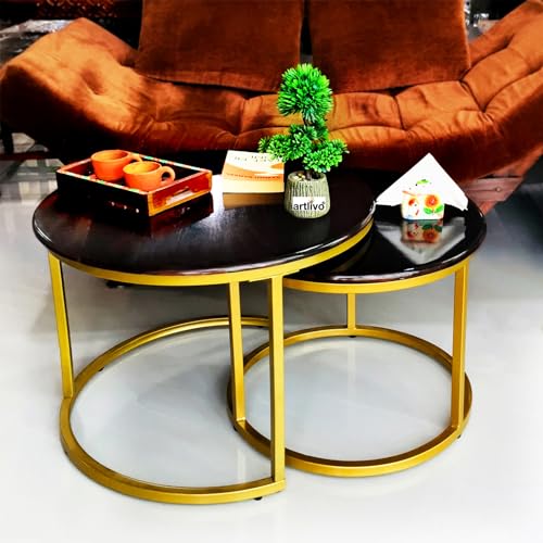 Image of Artlivo Sheesham Wood Nested Coffee Table - Set of 2 | Walnut Finish, Folding, Large Set (Dia 27 & 22 inches) | for Living, Bedroom, Balcony, Garden, Cafe, etc | Powder Coated MS Legs, Round, Glossy