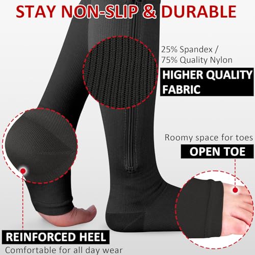 Image of Ailaka 3 Pairs Compression Socks with Zipper, 15-20 mmHg Medical Knee High Compression Socks for Men Women, Open Toe Socks for Varicose Veins, Edema, Recovery(Black,SM)
