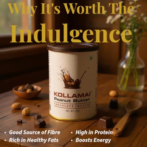 Image of Kollamai Chocolate Peanut Butter 1Kg, Organic 32gm High Protein, Dark Chocolate Crunchy Peanut Butter Smooth Spread, Healthy Delicious, Perfect for Snacks and Fitness