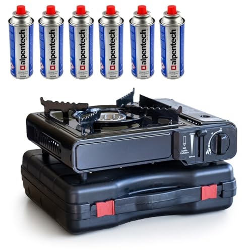 Intec - Hornillo de gas portátil de 2200 W + 6 cartuchos de gas butano cocina exterior