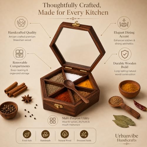 Image of Sheesham Wooden Table Top Masala Dabba Containers Jars & Kitchen Spice Box with Spoon Masala Box For Kitchen (Sheesham Wood, Removable Partitions, Brown), 50 Ml