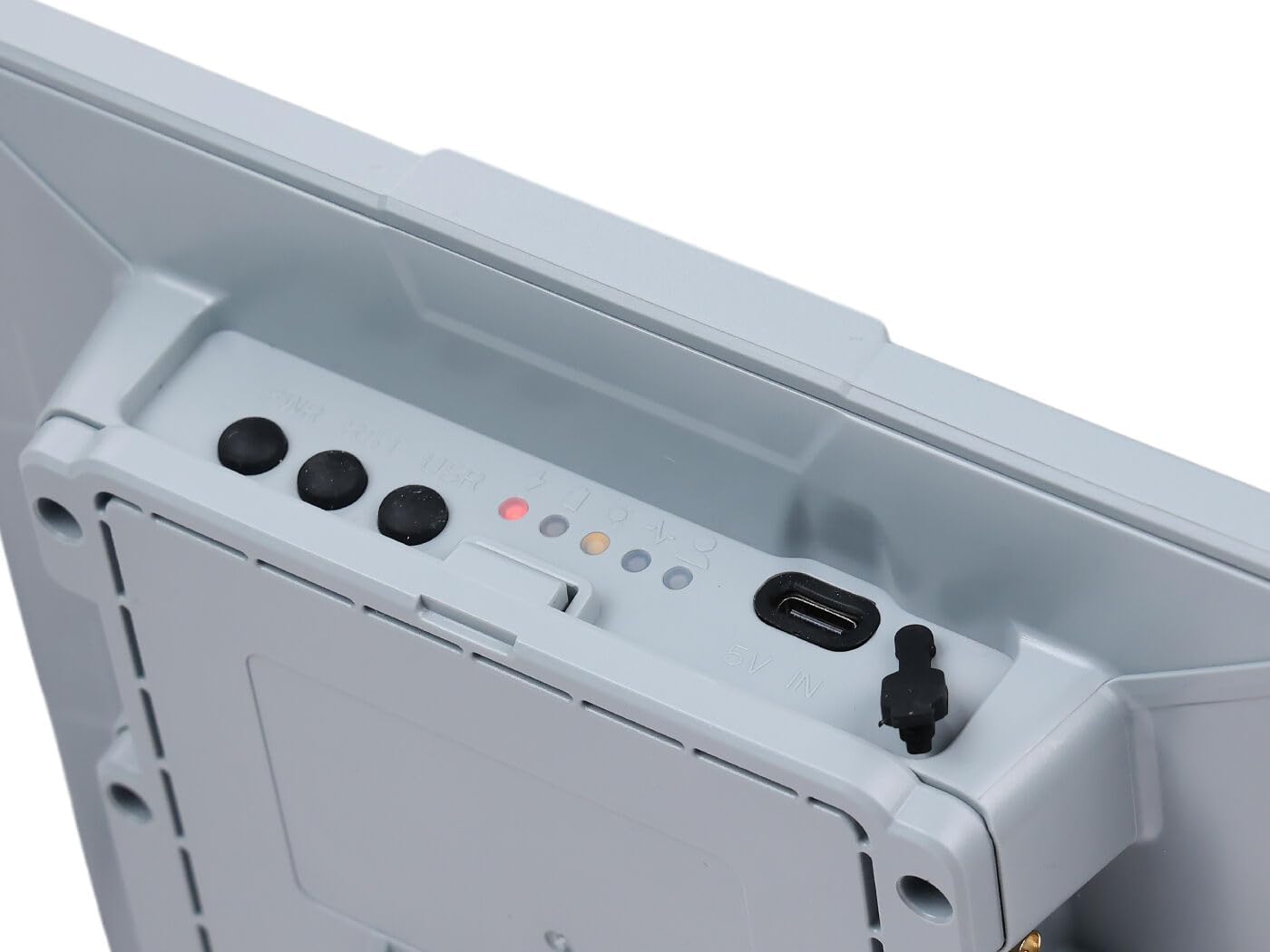 Akụkụ view of the SenseCAP Solar Node P1-Pro showing USB-C port, power button, reset button, and LED indicators.