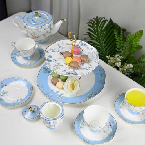LE POTOCIO 3-Tier Afternoon Tea Stand, Porcelain Cupcake Stand Serving Tray, Blue and White Bone China Cake Stand, Pastry Serving Stand for Tea Party, Wedding and Birthday (LN 3 Tiers) by LE POTOCIO - Image 5