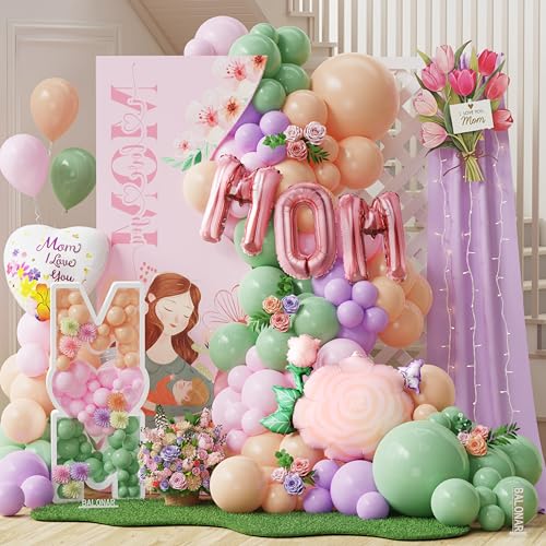 Happy Mothers Day Balloon Garland Kit with Large MOM Pink Rose Foil Balloon Heart Balloon for Best Mom Mothers Day Backdrop Mothers Day Birthday Party Decorations