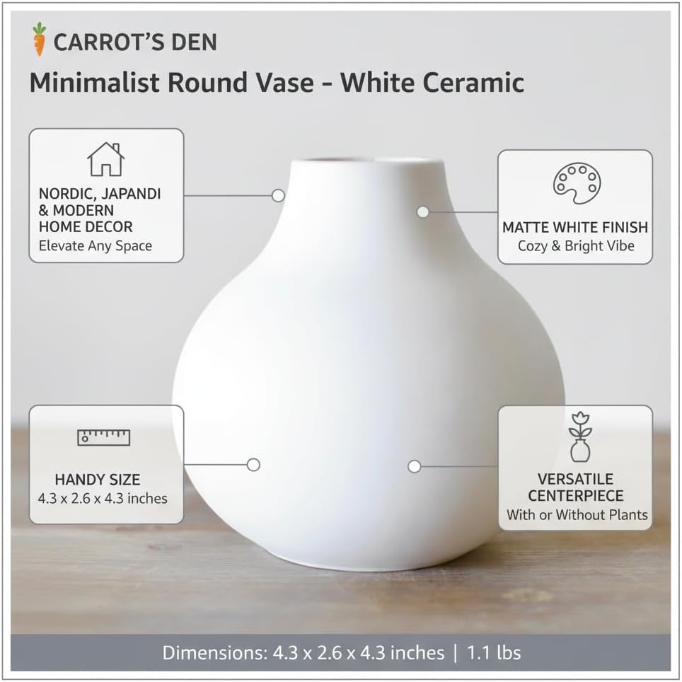 Carrot's Den White Round Vase - Minimalist Nordic, Japandi, Mid Century Modern Home Decor | Table Centerpiece, Wedding, Living Room, Bookshelf, Office, Modern Home, Entryway, Console (White) - Image 4
