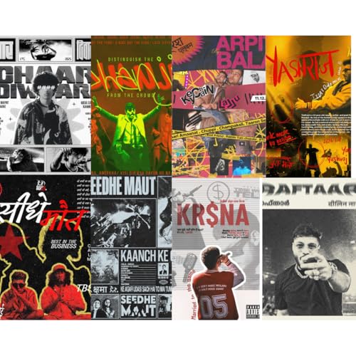 Image of ADIGRAFIX Set of 8 Aesthetic DHH A4 Posters - Seedhe Maut, Chaar Diwari, Krsna, Yashraj, Dhanji, Raftaar, Arpit Bala - Premium Wall Art Prints 9x12 Inches - Decor for Home, Bedroom, Studio, Office - Unframed