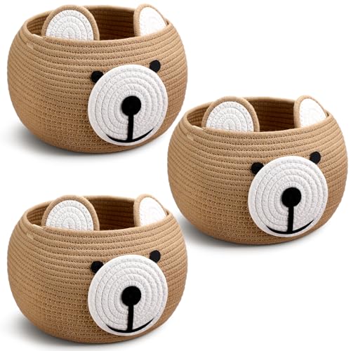Image of Uiifan 3 Pcs Baby Laundry Basket Bear Cute Round Cotton Rope Basket for Newborn Items Storage, Clothes, Toy, Blankets, Towels, Nursery, 9.45 x 9.45 Inches, Brown