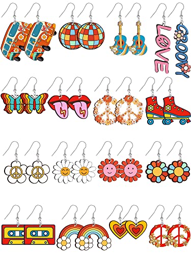 16 Pairs Groovy Hippie Acrylic Earrings Retro Boho Earrings Set For Women Girls Rainbow Daisy Butterfly Flower Vacation Earrings Women's Drop And Dangle Earrings For Valentine Jewelry Gift #TOP19