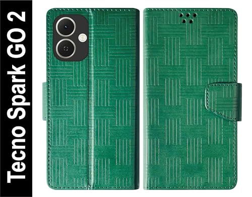 Image of SBMS Flip Cover for Tecno Spark GO 2 Back Cover Case with Magnatic Closure | Inbuilt Stand | Card & Money Pocket (Mat Green)