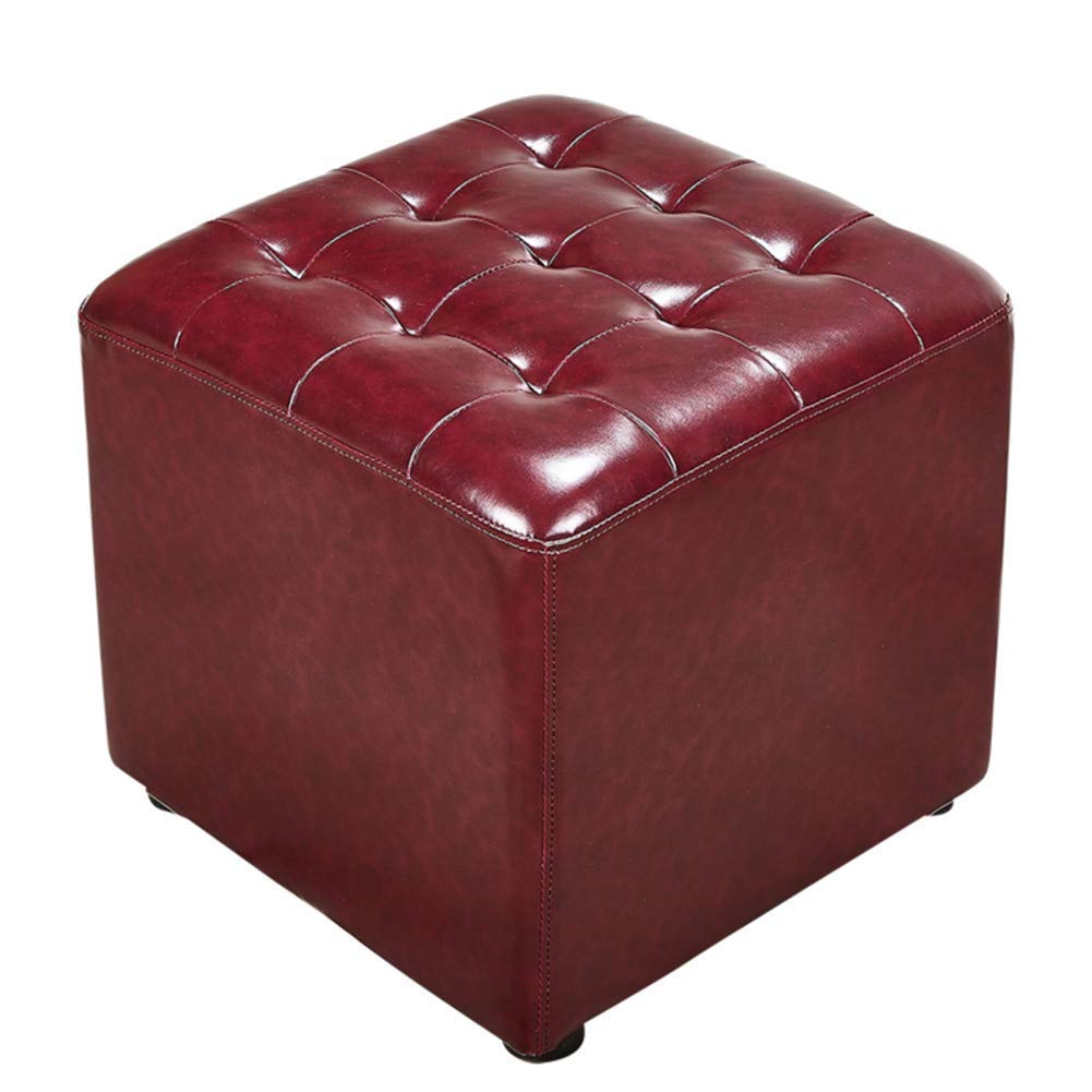 PAROBDO Leather Upholstered Cube Pouf Ottoman,pouffe Footstool Solid Wood Square Leather Living Room Coffee Table Small Bench-a 40x40x35cm(16x16x14inch)