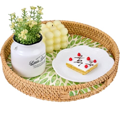 Round Rattan Tray with Mother of Pearl Inlay– Decorative Coffee Table & Ottoman Woven Serving Tray for Food, Fruit, and Home Decor, 11.8 inches