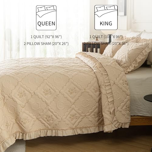 Image of BOV Beige King Size Farmhouse Comforter Set, Vintage Ruffle Quilt Bedding with Pillow Shams, French Country & Cottage Style Bedding for Shabby Chic Bedrooms, 106x96 Inches