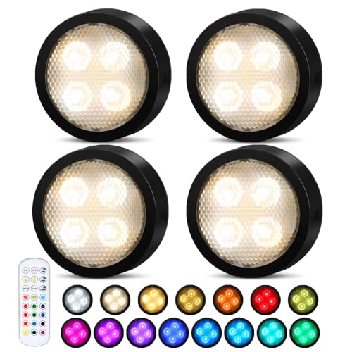 Image of Puck Lights with Remote Timer, Under Cabinet Kitchen Lights Battery Operated LED Lights, Stick on Shelf Lights Wireless Counter Lights, RGB Color Changing Display Lights, 4 Pack Black