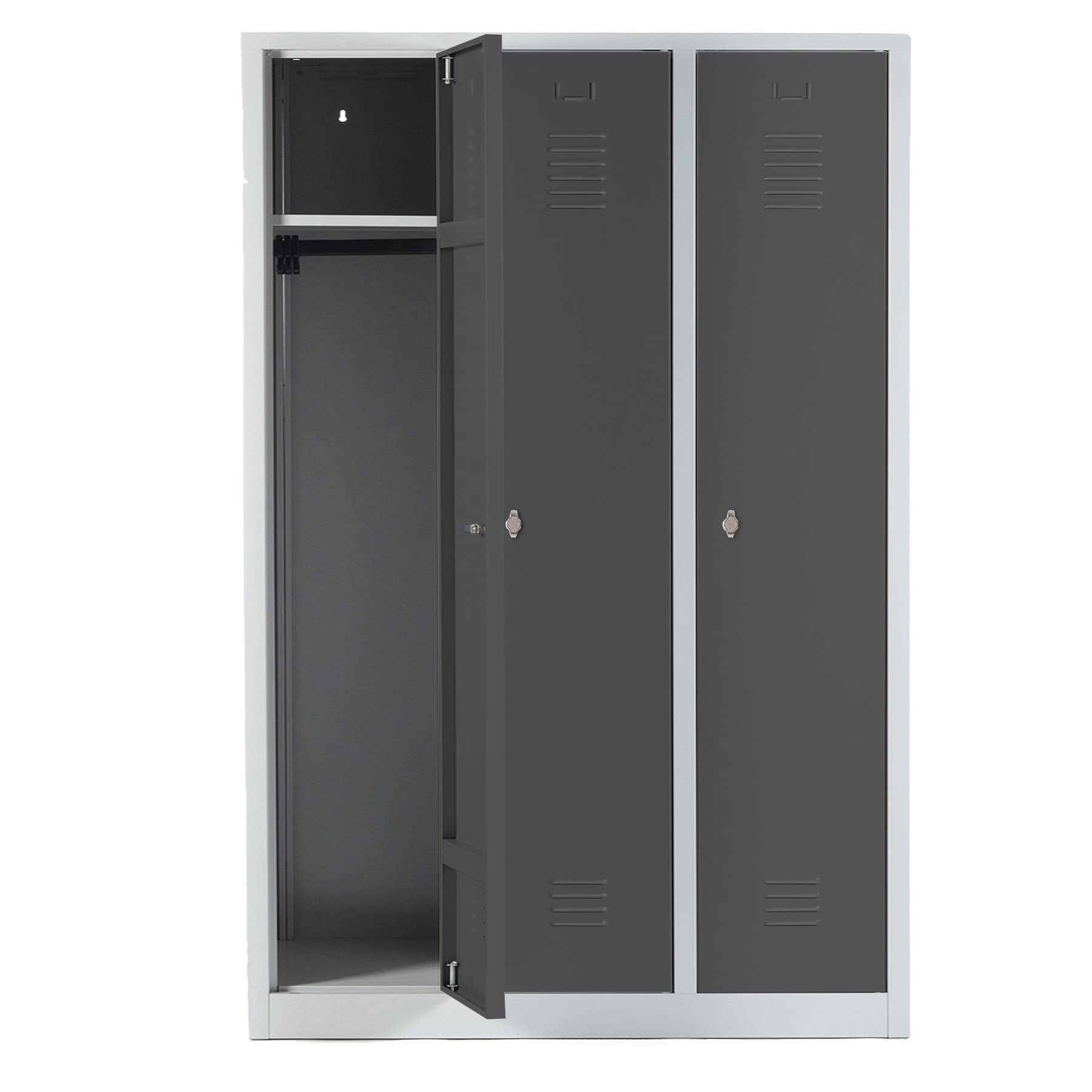 Schrank & Stuhl Spind – Metallspind mit 3 Abteilen in 180 x 120 x 50 cm, Schließfachschrank mit Hutboden & Drehriegelverschlüssen, Lieferung komplett montiert, Grau/Anthrazit