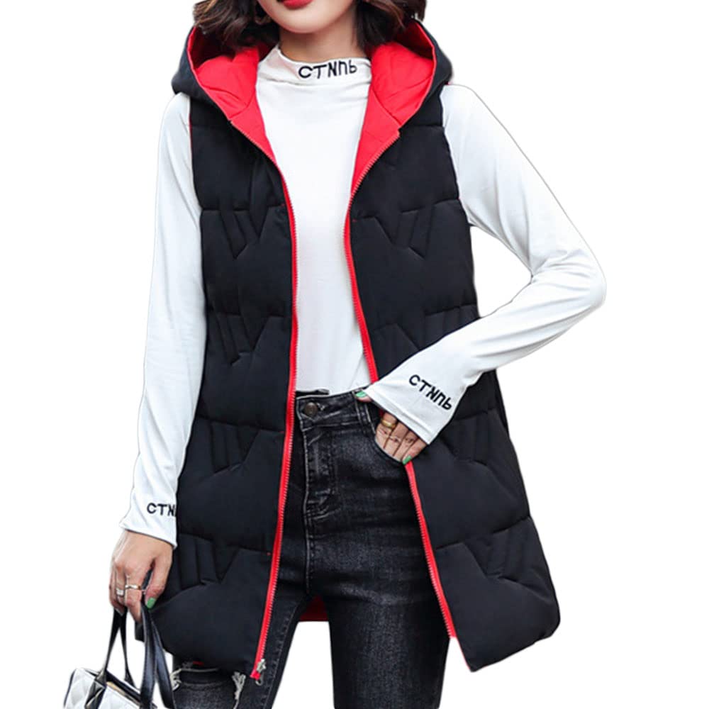 Surwin Women's Black Red Long Gilet Jacket Hooded, Casual Reversible Quilted Vest With Pockets Warmer Zip Up Sleeveless Down Jacket Coat Parka Outwear Waistcoat Winter Wear
