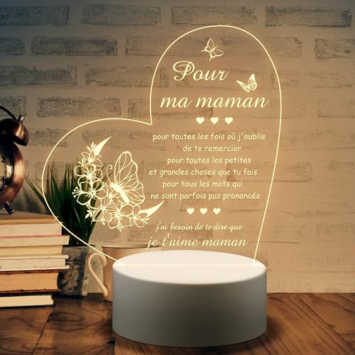 Blumuze Cadeau Fete des Meres Maman, Veilleuse en Acrylique Cadeau Anniversaire Maman,Cadeaux Fete des Meres Noel Merci Noel