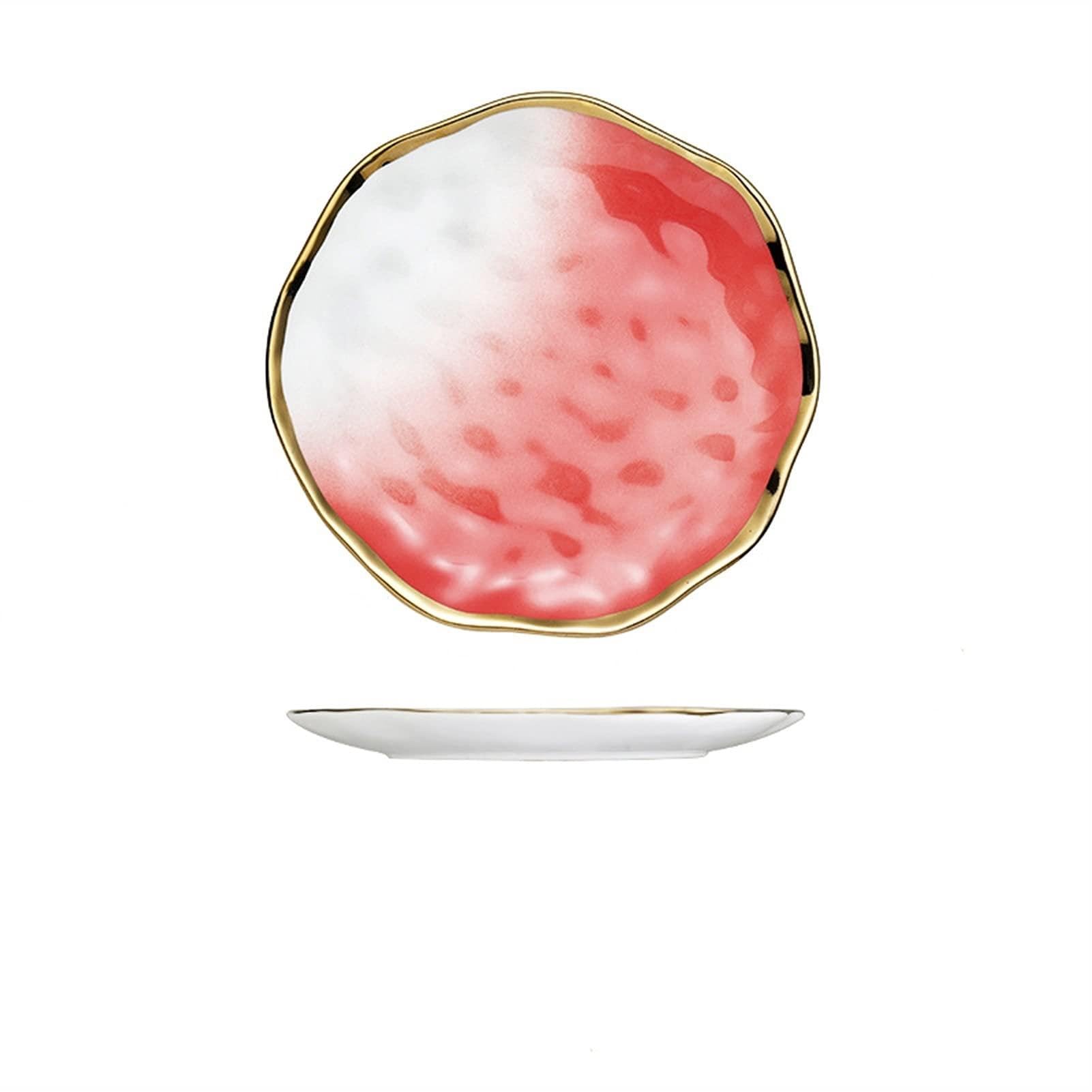 Talerz obiadowy Zestaw obiadowy Nordic z ceramicznym talerzem i złotym rantem, urocze talerze, dekoracyjne zestawy naczyń talerzy, okrągła taca do serwowania, naczynia sałatek owocowych(Pink)