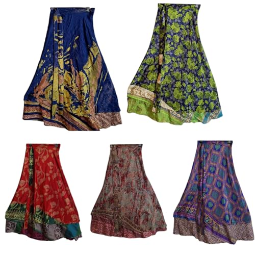 Vintage Silk Sari Magic Wrap Skirts Multicolor Bohemian Regular Skirts 3 Pcs Assorted Pack