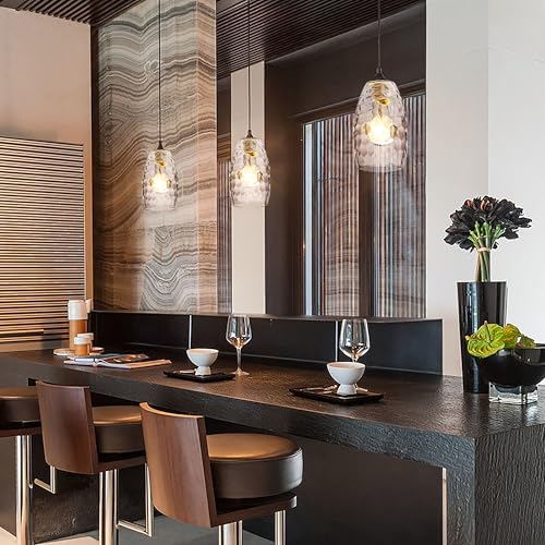 Image of GO&SO Glass Pendant Light Shades Set of 2,7.8 inch H x 4 inch D,Clear Ripple,Oval | 1.57 inch Fitter E26 Base,Hand-Blown Art Fixtures,Chandelier Shades for Kitchen Island,Hanging Light Shades