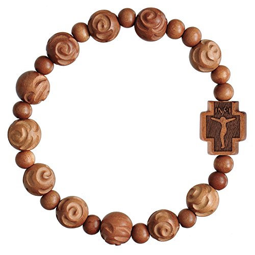 Sine Cera Light Jujube Wood 1 Decade Catholic Rosary Bracelet, Rose Cut 10mm Beads