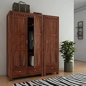 EBANSAL Wooden Wardrobe for Bedroom | Wooden 3 Door Clothes Cupboard | Solid Wood Almirah with 3 Drawers & Multiple Shelves Storage | Honey Finish
