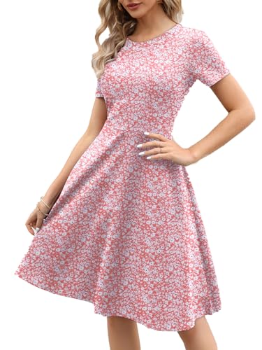 Image of Women's 2026 Fit and Flare Dress Summer Casual Elegant Vintage Floral Printed Work Party A-line Dress with Pockets 162