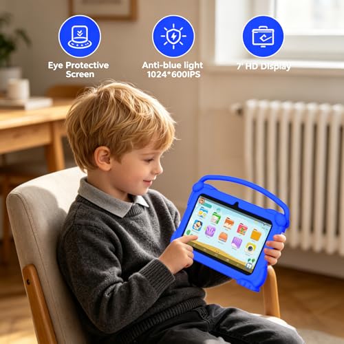 Image of 7 inch Kids Tablet, Android Tablet for Kids, 4GB RAM+32GB ROM+1TB Expand, Toddler Tablets with Shockproof Case, Parental Contral, 1024*600 IPS Screen, 3000mAh Battery, Educational, Games, Blue