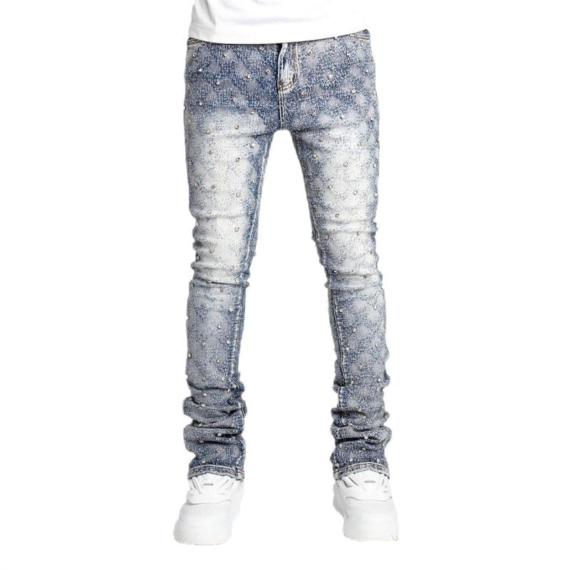 VIVICOLOR Mens Rhinestone Skinny Fit Jeans Mens Stretch Slim Fit Stacked Jeans Y2K Denim Pants Trousers Streetwear