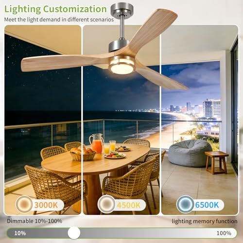 Image of 52 Inch Ceiling Fans with Lights and Remote Control, 3 Blade Ceiling Fan with Light for Bedroom Living Room Indoor Outdoor Patio, Reversible, 3CCT, Dimmable, Noiseless DC Motor, Nickel & Natural Wood
